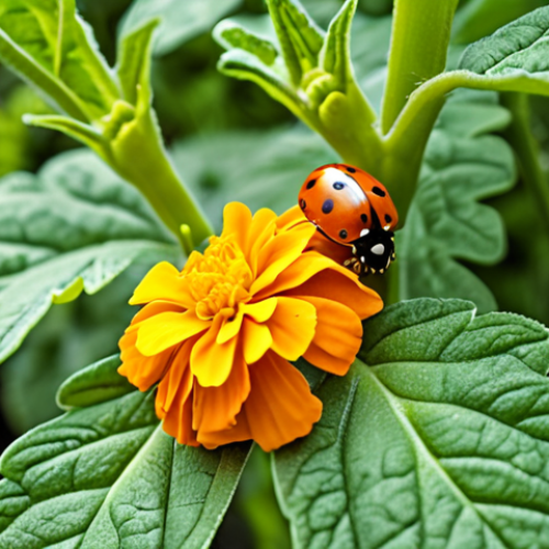 Home 11 A vibrant garden scene featuring marigolds planted around tomato plants, illustrating companion planting for pest control. Close-up details of ladybugs feasting on aphids on a tomato leaf.