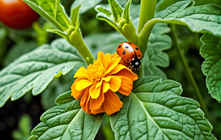 A vibrant garden scene featuring marigolds planted around tomato plants, illustrating companion planting for pest control. Close-up details of ladybugs feasting on aphids on a tomato leaf.