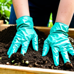 A professional gardener, fully clothed in modest, appropriate work attire, gently sifting rich, dark, crumbly soil in a thriving organic garden bed. Layers of compost and organic matter are visible, with earthworms actively working the soil. The background shows lush, healthy plants, emphasizing soil health. The focus is on the gardener's hands, illustrating the fertile ground. safe for work, appropriate content, fully clothed, family-friendly, perfect anatomy, correct proportions, natural pose, well-formed hands, proper finger count, natural body proportions, professional photography, high quality, realistic.