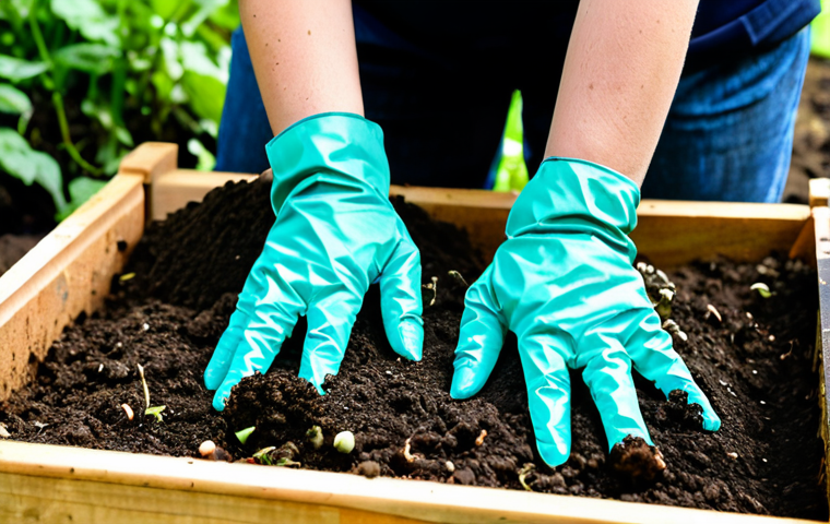 A professional gardener, fully clothed in modest, appropriate work attire, gently sifting rich, dark, crumbly soil in a thriving organic garden bed. Layers of compost and organic matter are visible, with earthworms actively working the soil. The background shows lush, healthy plants, emphasizing soil health. The focus is on the gardener's hands, illustrating the fertile ground. safe for work, appropriate content, fully clothed, family-friendly, perfect anatomy, correct proportions, natural pose, well-formed hands, proper finger count, natural body proportions, professional photography, high quality, realistic.