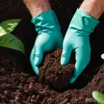 Home 11 유기농 정원에서 사용 가능한 천연 비료 종류 - **Prompt:** A close-up, highly detailed shot of a gardener's hands, wearing clean gardening gloves, ...