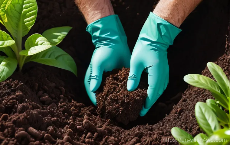 유기농 정원에서 사용 가능한 천연 비료 종류 - **Prompt:** A close-up, highly detailed shot of a gardener's hands, wearing clean gardening gloves, ...