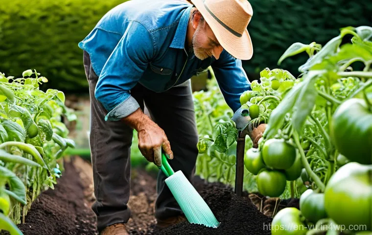 유기농 정원에서 사용 가능한 천연 비료 종류 - **Prompt:** A vibrant outdoor scene depicting a well-maintained, rustic wooden compost bin overflowi...