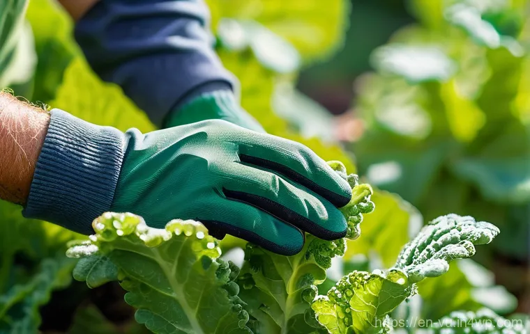 유기농 정원에서의 자연 친화적 병해충 관리 - **Prompt: Mindful Gardener Observing the Ecosystem**
    "A close-up shot of a gardener's hands, wit...