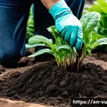 Home 13 유기농 정원에서의 뿌리 뽑기 및 이동 방법 - A detailed garden scene showing a gardener gently uprooting a mature vegetable plant with a narrow s...