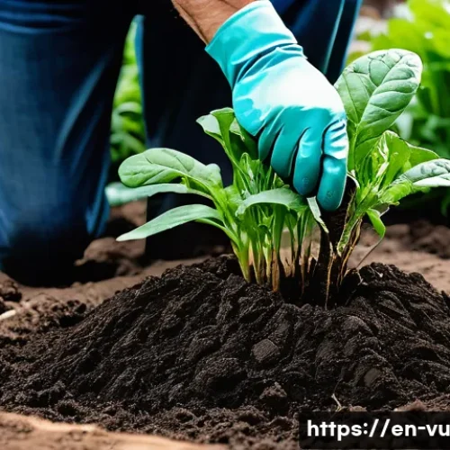 Home 7 유기농 정원에서의 뿌리 뽑기 및 이동 방법 - A detailed garden scene showing a gardener gently uprooting a mature vegetable plant with a narrow s...