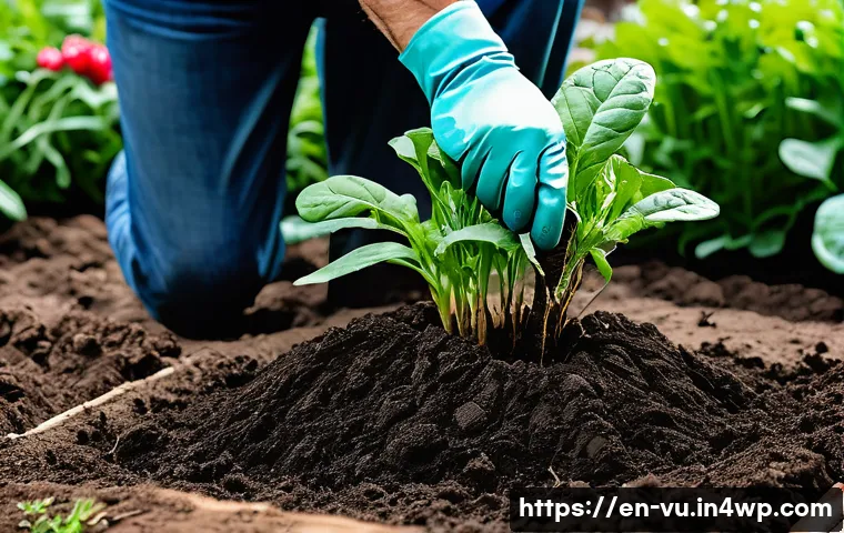 유기농 정원에서의 뿌리 뽑기 및 이동 방법 - A detailed garden scene showing a gardener gently uprooting a mature vegetable plant with a narrow s...