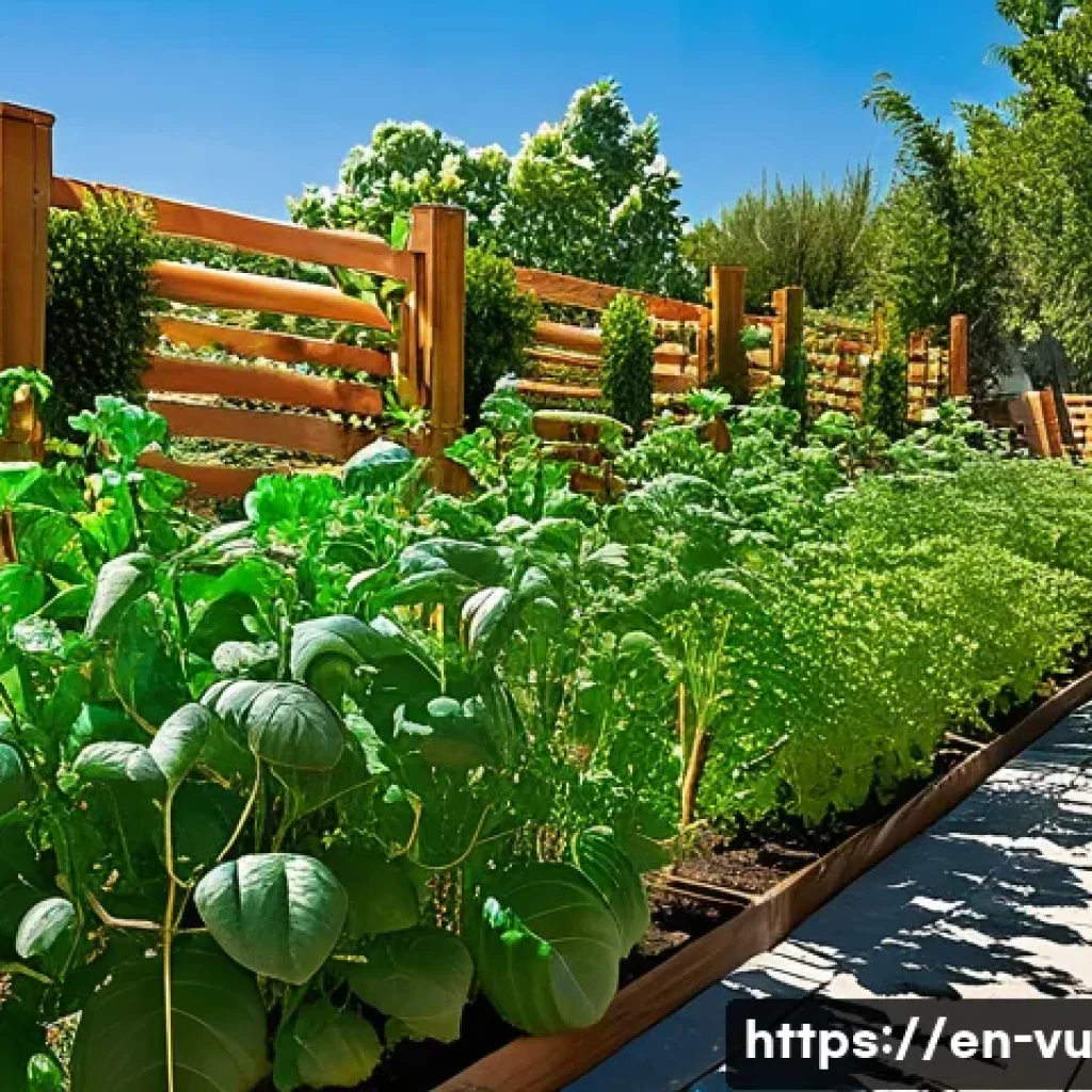 유기농 정원에서의 미세기후 조절 방법 - A vibrant garden scene during midday showcasing a variety of plants with distinct sunlight needs: su...