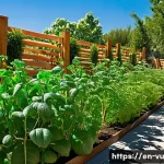 Home 19 유기농 정원에서의 미세기후 조절 방법 - A vibrant garden scene during midday showcasing a variety of plants with distinct sunlight needs: su...