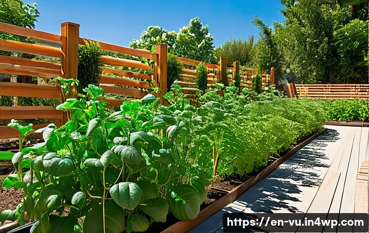 유기농 정원에서의 미세기후 조절 방법 - A vibrant garden scene during midday showcasing a variety of plants with distinct sunlight needs: su...