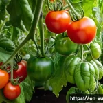Home 18 유기농 정원에서 수확 시기 판단하기 - A vibrant garden scene featuring ripe tomatoes on the vine, showcasing a variety of colors from deep...