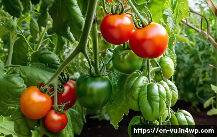 유기농 정원에서 수확 시기 판단하기 - A vibrant garden scene featuring ripe tomatoes on the vine, showcasing a variety of colors from deep...