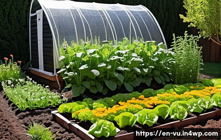 유기농 정원에서의 계절별 관리 방법 - A vibrant organic garden in early spring showing rich, crumbly soil being amended with dark, moist c...