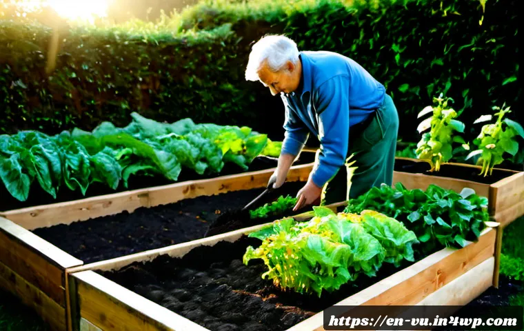 Home 17 유기농 정원에서의 영양 균형 맞추기 - Photorealistic organic backyard vegetable garden at golden morning light, an older gardener in pract...